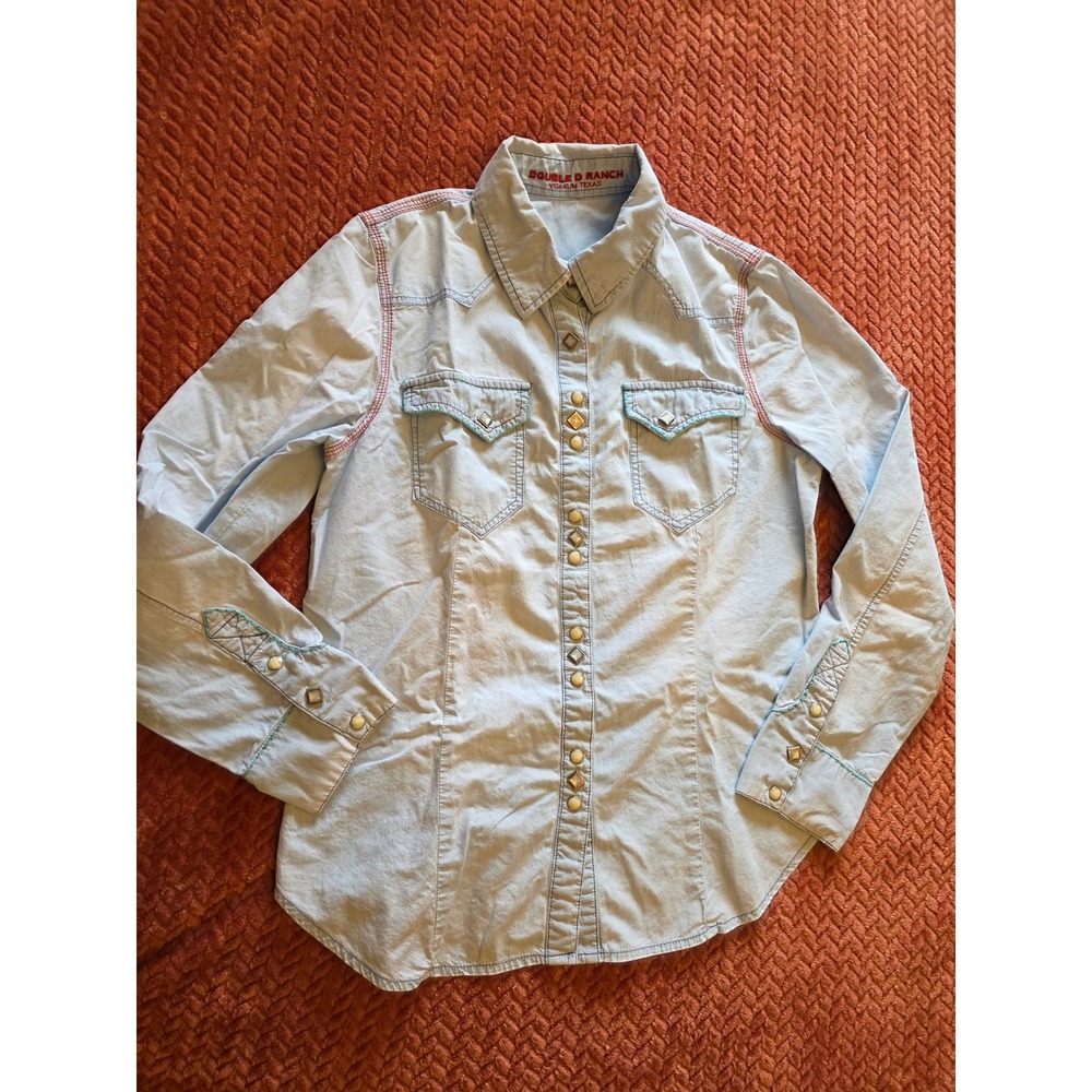 Double D Ranch Womens Light Wash Denim Western Snap Shirt Little Flower Small